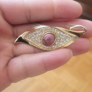 Vintage Evil Eye Brooch Pendant – Gold Tone with Rhinestones & Pink Stone Cente